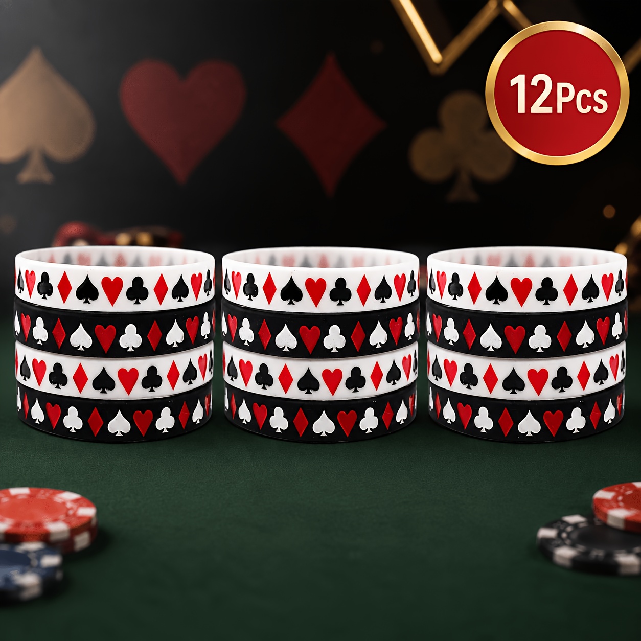 TEMU 12pcs Poker-themed Silicone Bracelet Set With - Card & Poker Suitable For Daily Wear, Retro Wristbands For, Gift For Poker Players, Tournaments,