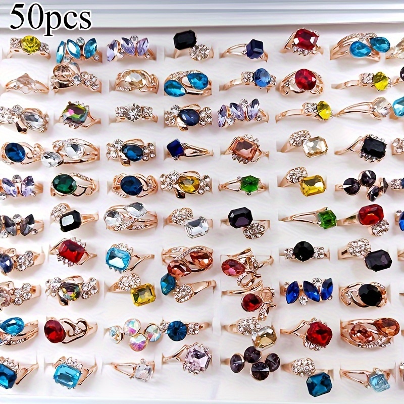 TEMU 50pcs Wholesale Mixed Rings Bulk Finger Band Ring Jewelry Lot Colorful Glass Artificial Crystal Rings, Casual Party Jewelry Gifts