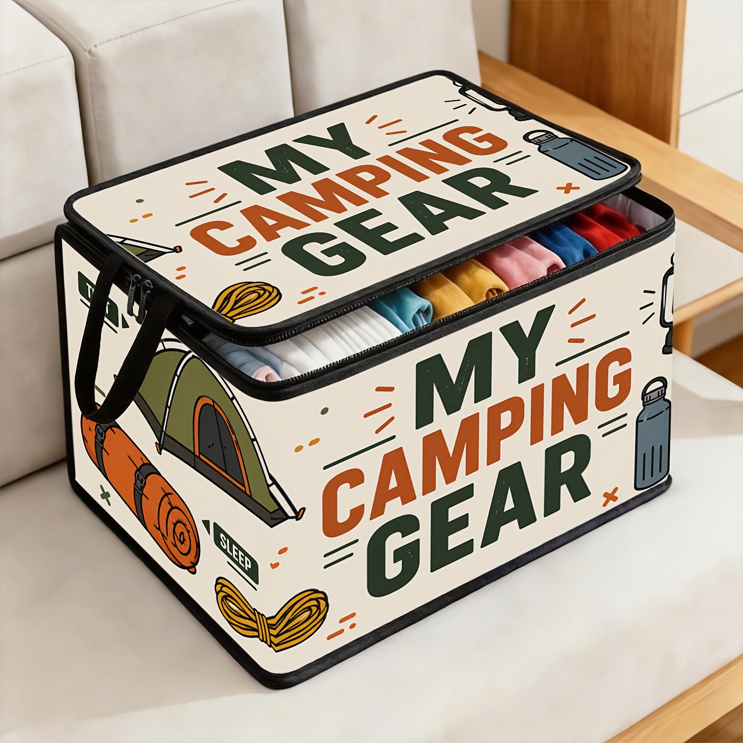 TEMU 1pc Camping Gear Letter Illustration Print Storage Bag, Polyester Fabric With Lid And Zipper, Foldable Large-capacity Storage Box, Tent, Water