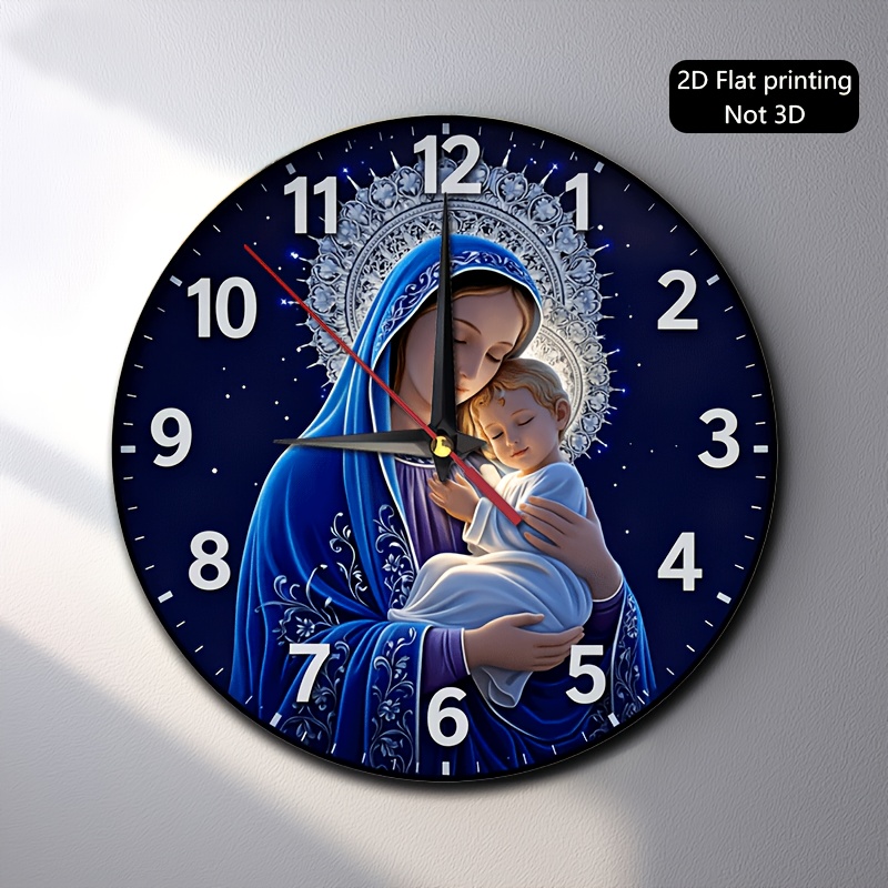 TEMU 1pc, Two-dimensional Wall Clock Featuring The Mary And Baby Jesus, With A Blue Veil And A Starry Backdrop, Ideal For A Living Room, Bedroom,