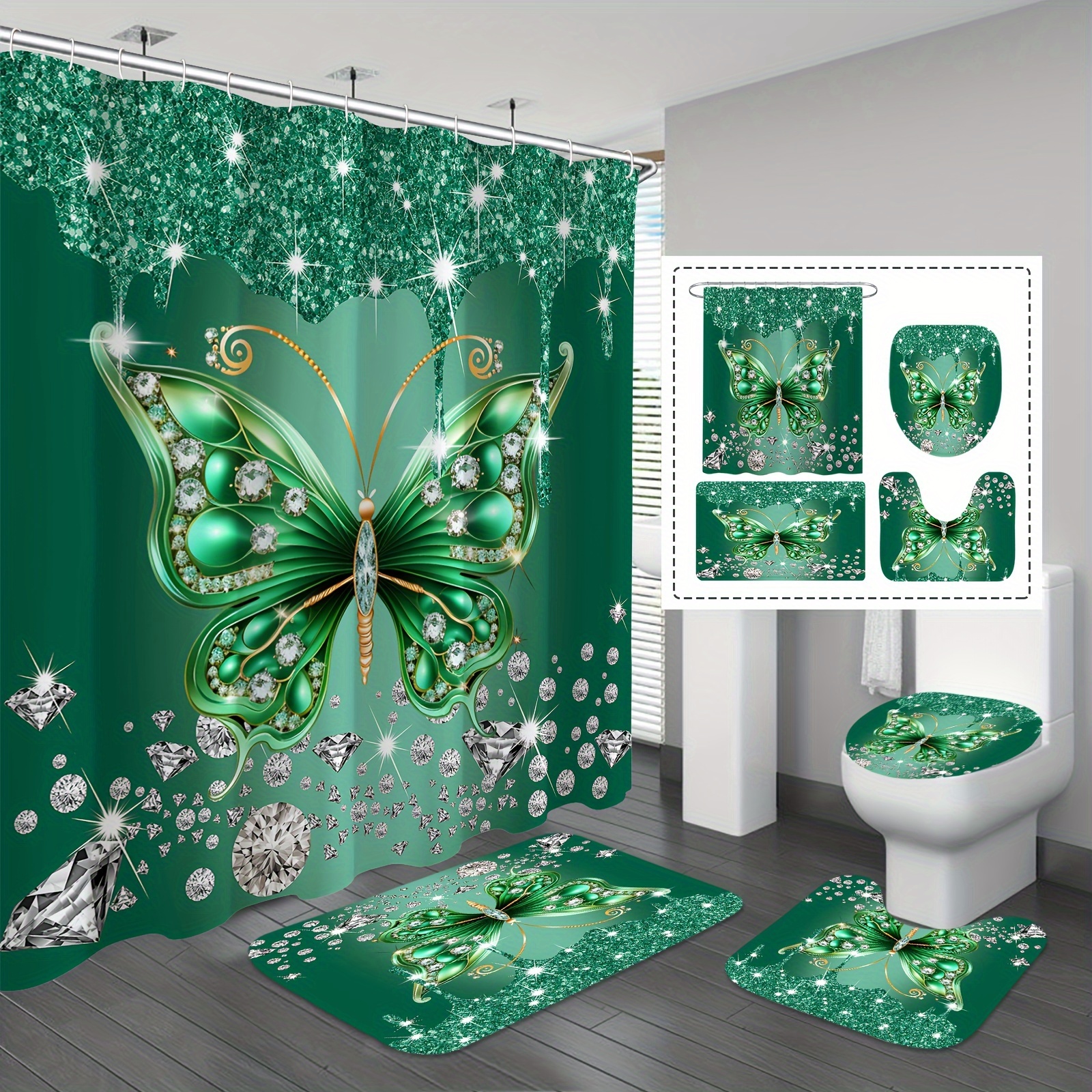 

1/4pcs Green Glitter Butterflies Shower Curtain Set, Waterproof Shower Curtain With 12 Hooks, Non-slip Bathroom Rug, Toilet U-shape Mat, Toilet Lid Cover Pad, Bathroom Decor