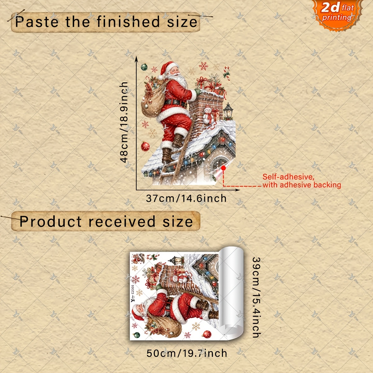 TEMU 2D Plat - 2D Plat - 1 stuks 2D Plat Bedrukte Kerstman Klimladder Dak Schoorsteen Cadeau Sneeuwpop Sneeuwvlok 40 x 50 cm Raamsticker Creatieve
