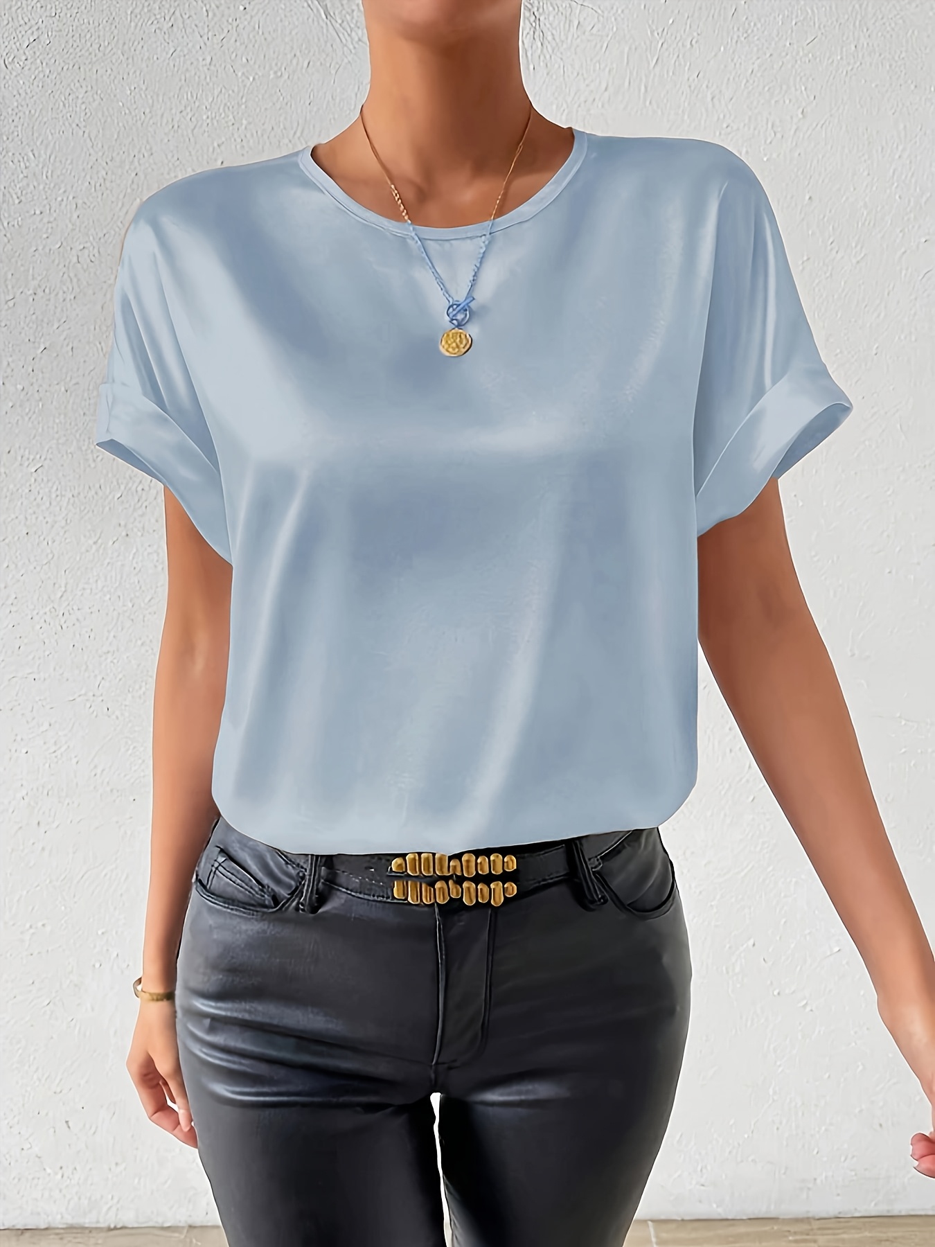 Women'S Plus Size Light Blue Woven Blouse - Elegant Short Sleeve Crew Neck, Solid Color, Non-Stretch Fabric, Perfect for Summer, Casual Summer Wear|Sleek Fitted Look|Nonstretch Material, Plus Size Blouses