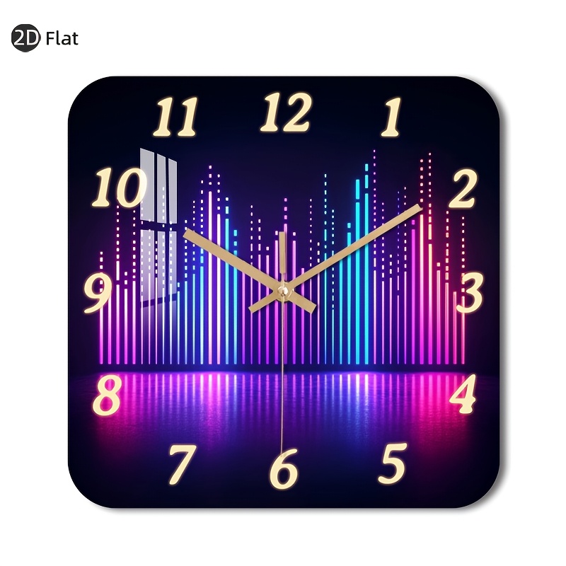 TEMU 1pc, 2d Flat, Wall Clock, Non-ticking Wooden, Decorative Square Clock, Neon Digital Clock With Vibrant Vertical Bars And Glowing Numbers, Foyer,