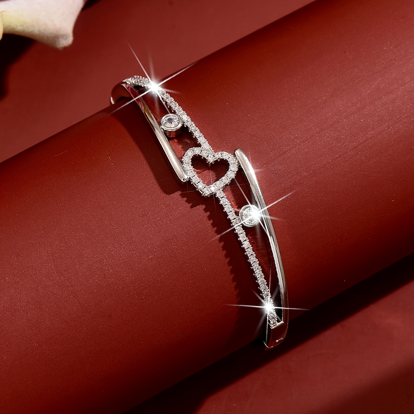 Women's Heart-Shaped Rhinestone Bracelet, Chic Double-Ring Design
