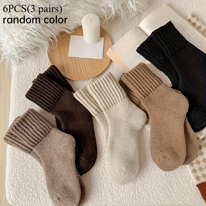 Random 6pcs Set Of Women's Winter Thick Warm Short Socks - Ultra Thick Hair Scarf With Velvet Edge, Neutral Color (beige/brown/white), Suitable For Indoor And Outdoor Use, Comfortable And Soft