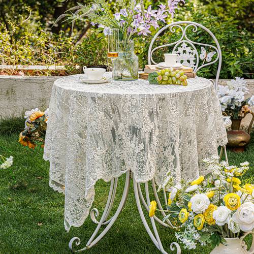 Elegant White Tablecloth - Vintage Round Table Cover with Floral Embroidery, Polyester, Machine- Dining and Coffee Tables, Christmas and Holiday Decor, Dining Table Decoration