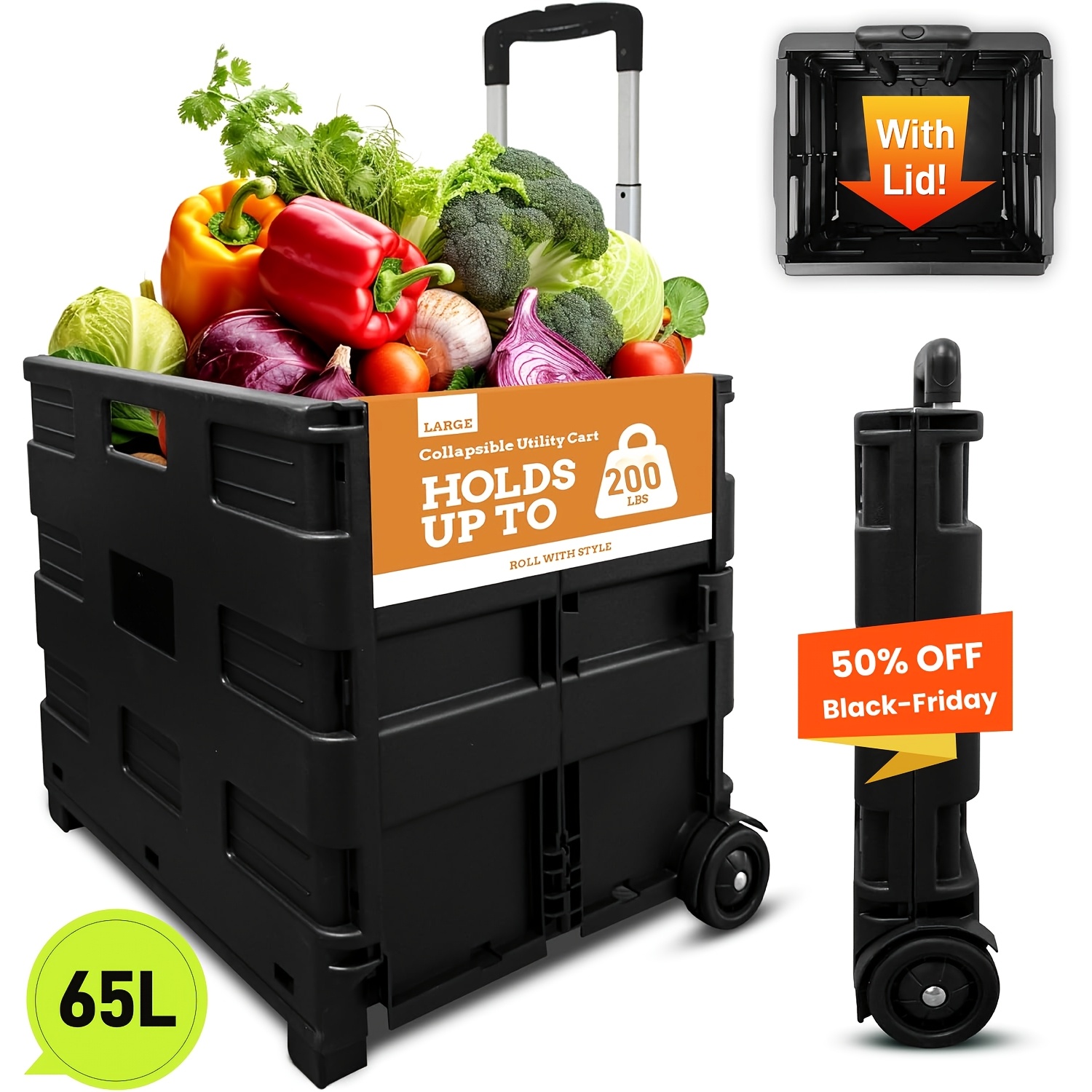TEMU Folding Utility Cart 40l/45l/65l With/without Lid - Portable Rolling Crate Handcart Shopping Trolley Collapsible Tool Box, Shopping Basket On