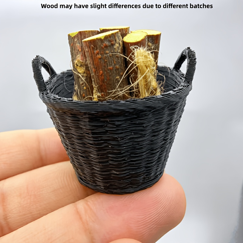 TEMU 2pcs Mini Firewood & Basket Suitable For Dollhouse Fireplace Decor - 1:12 Scale Realistic Miniature Logs & Basket For Dolls, Mini Scenes,