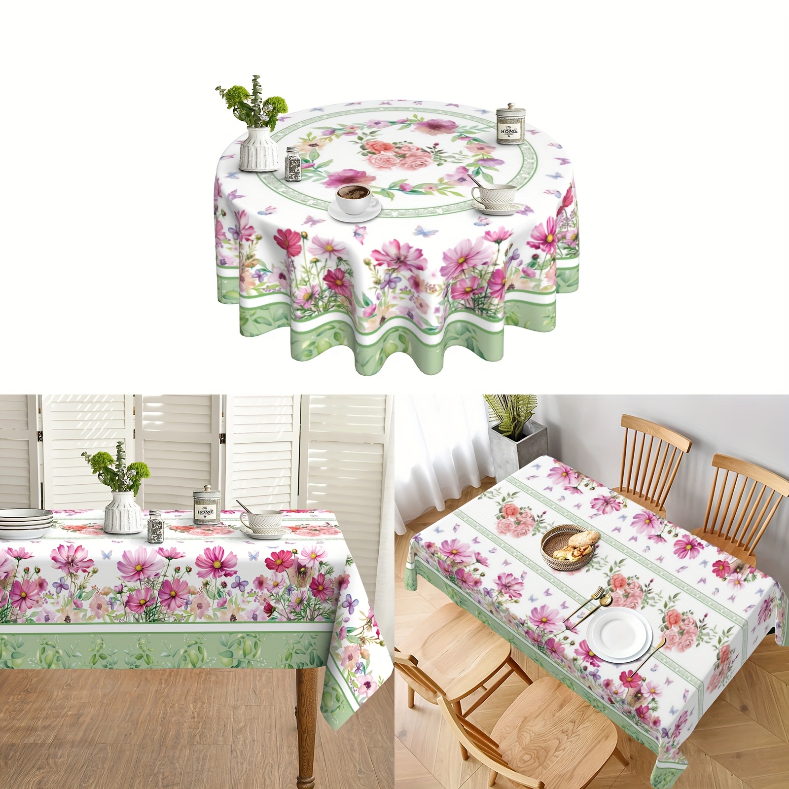 

1pc Floral Polyester Tablecloth, Round, Woven, Machine Polyester Lining And Filling, Pink And Green Pattern, For Spring And Summer Parties, Home, Kitchen, Dining Decor