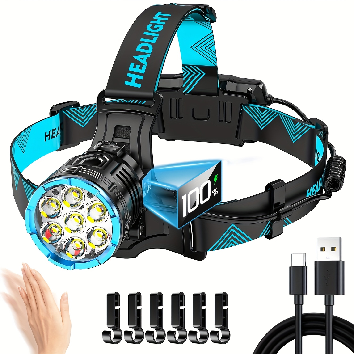 TEMU 3000lm Red Light Headlamp With 7 Sensor, Long Time Head Lamp, Led Head Lights For Forehead And 90 Degree Adjustable Angle For Hardhat Camping