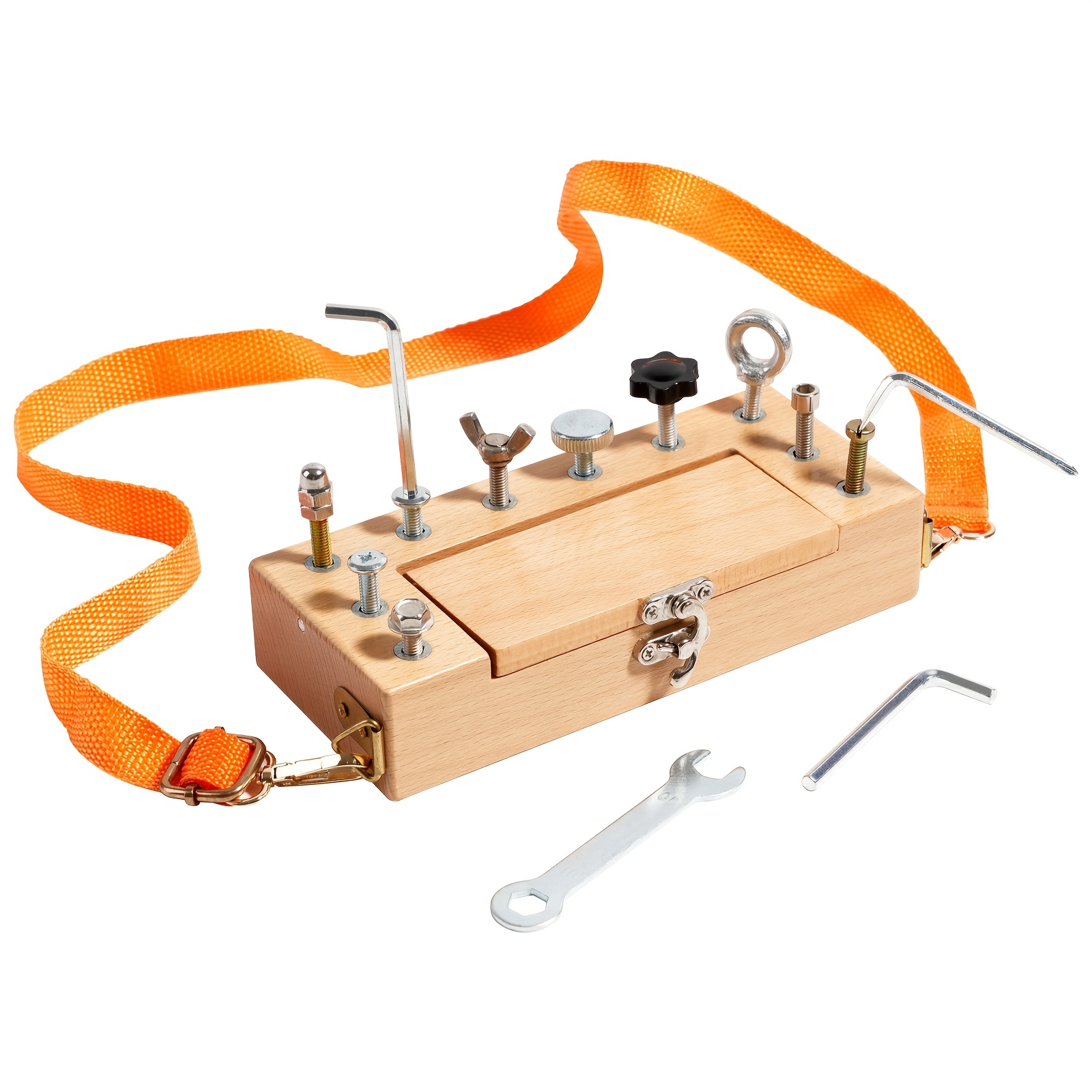 Image of Wooden Busy Board Tools Toy Set | Sensory Screw & Nut Activity Board With Wrench & Allen Keys | Fine Motor Skills Learning Toy | Portable Travel Toy With Strap For Preschool Kids