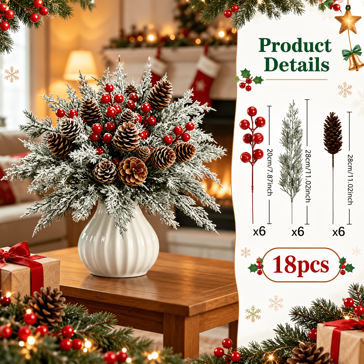 TEMU 18 piezas Arreglo Floral Artificial Navideño - Conos de Pino de Plástico, con de Pino Norfolk, Adecuado para Coronas/Decoraciones de Árbol de