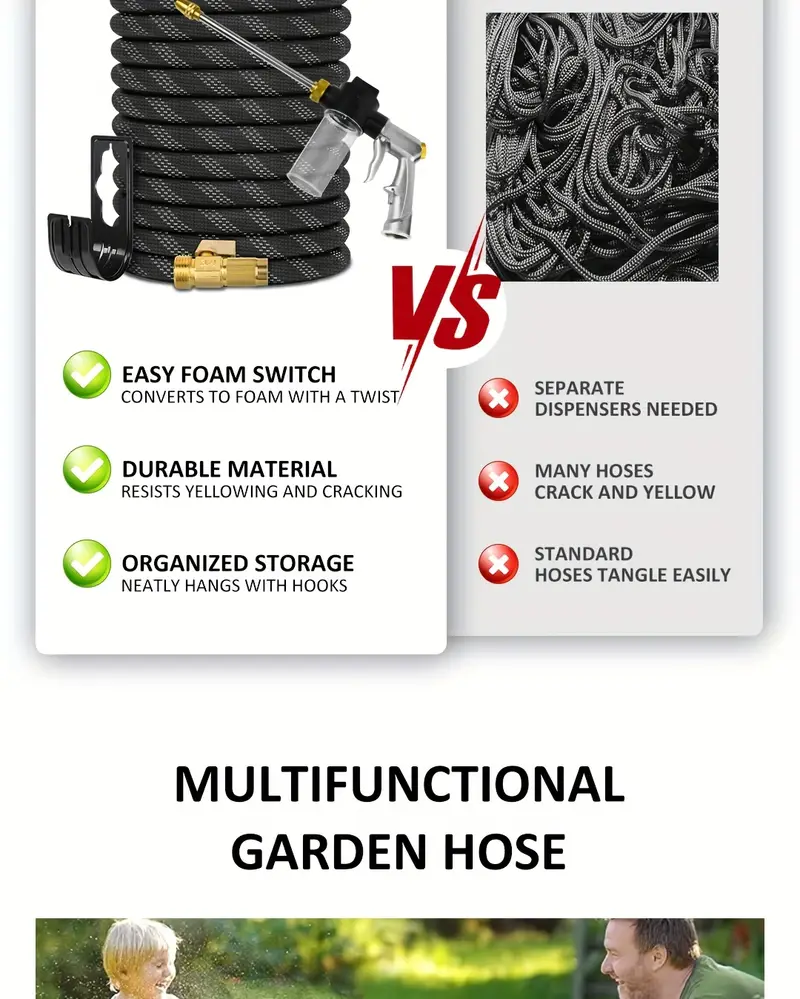 heavy duty garden hose 50ft 100ft 150ft non kink flexible 10 mode nozzle leak proof brass fittings hose nozzle bonus grey garden hose reel outdoor watering durable construction sturdy connectors watering equipment home patio watering reinforced material leakproof fittings diy enthusiasts Product details 5