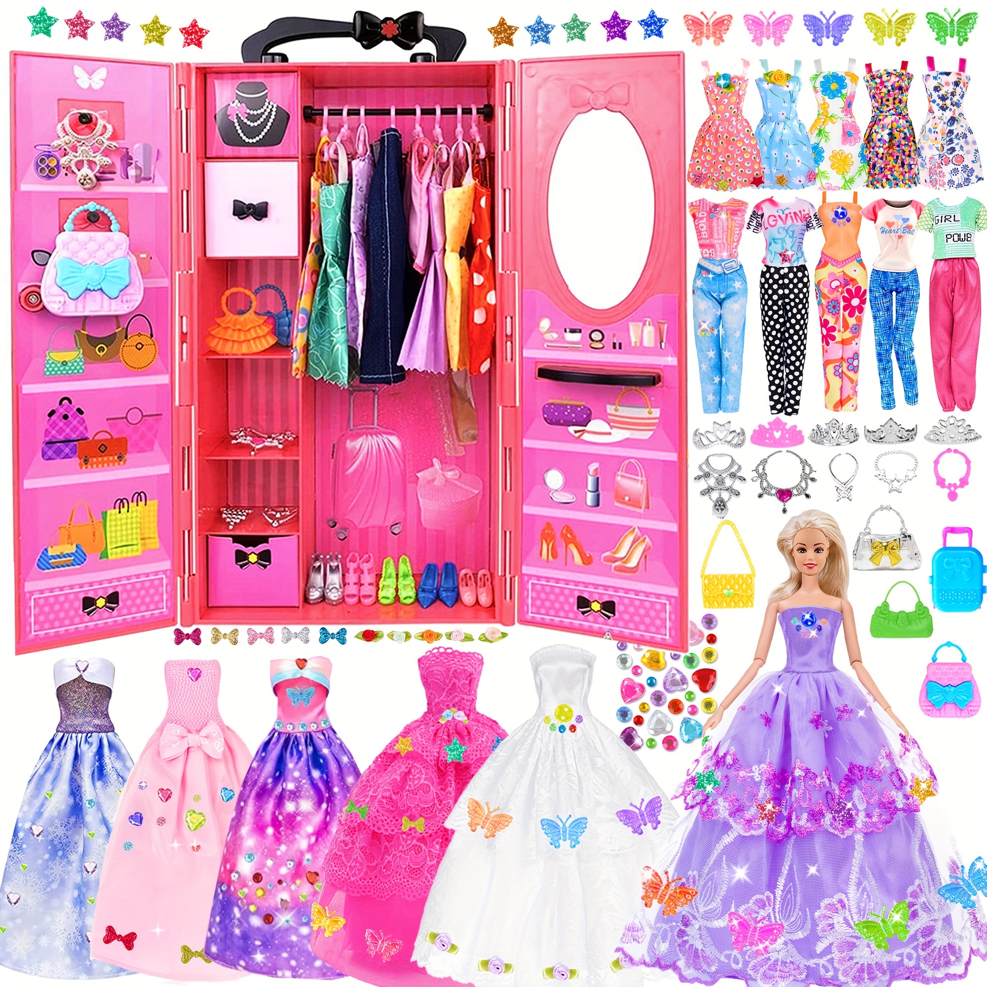 

140 Pcs 11.5 Inch Girl Doll Closet Fashion Diy Wardrobe With Clothes And Accessories Including Doll, Wardrobe, Wedding Dress, Shoes, Necklace, Bags And More (include Doll)