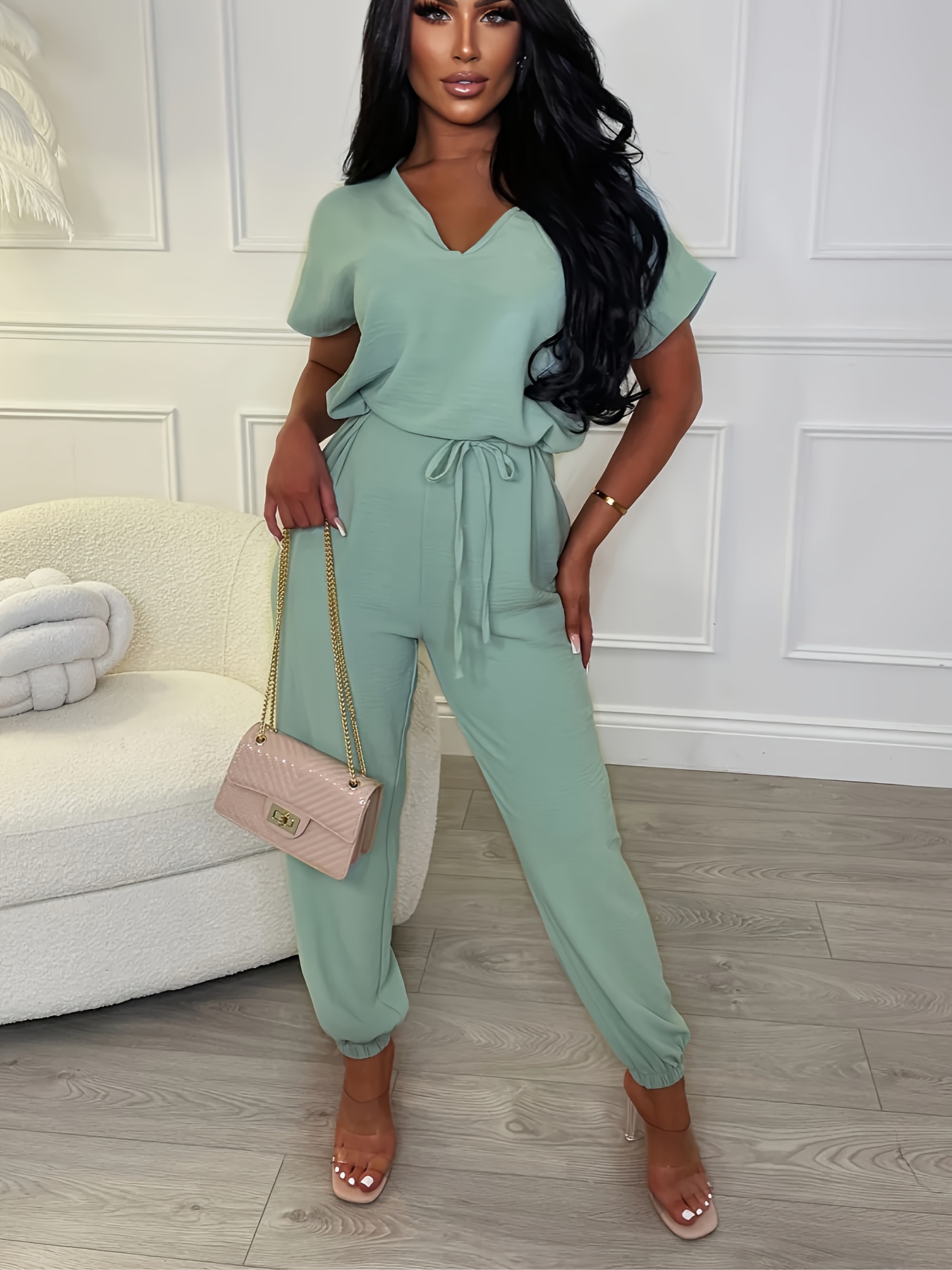 Button Front Solid Romper Jumpsuit Casual Long Sleeve Turn - Temu