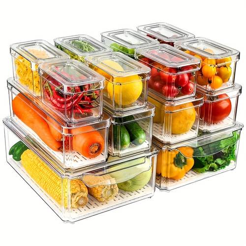 14pcs food organizers stackable reusable fresh food boxes stackable refrigerator organizer bins with lids clear fridge organizers and storage for kitchen countertops cabinets fridge fruits vegetable