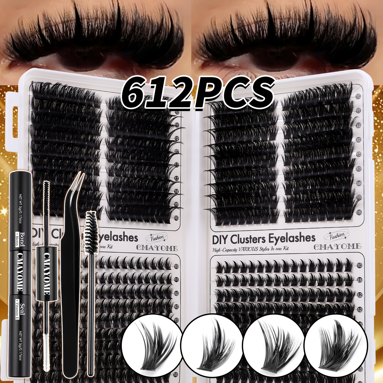 Image of Lash Clusters Kit, 4 Styles Fluffy Wispy Individual Eyelash Extensions With & Seal, Tweezer & Brush, Reusable Volume Lashes For Daily Wear, Party, Date Night, Easy To Apply For Beginners &