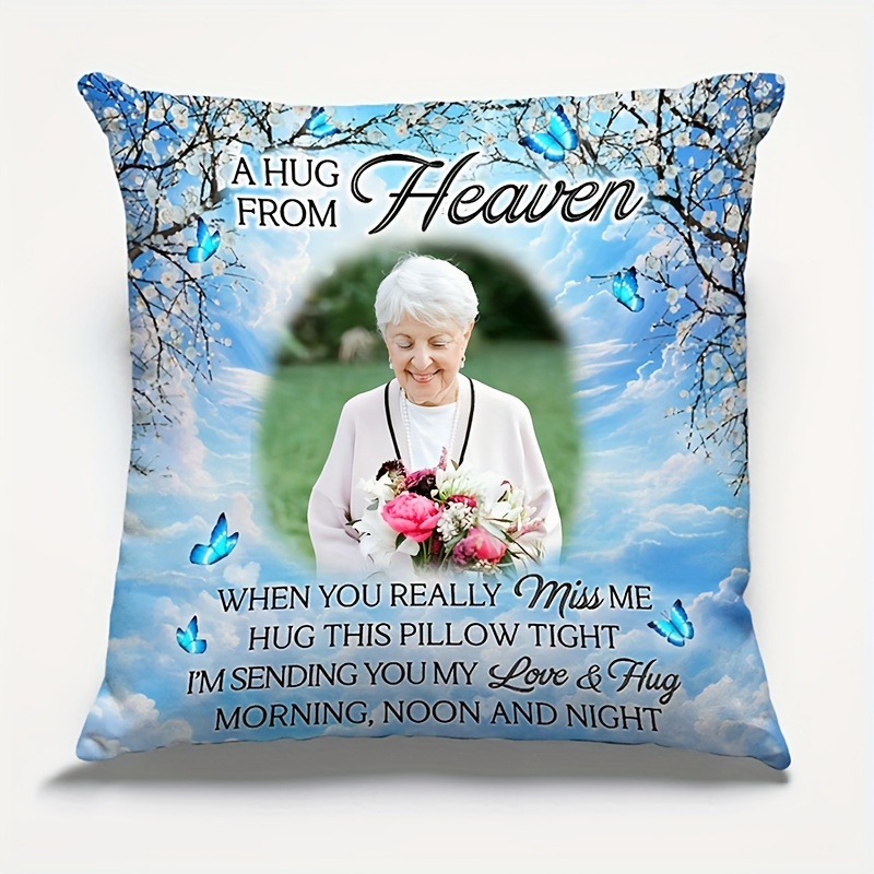 

1pc, Custom Short Plush Single Sided Printing Throw Pillow 18x18 Inch, Custom Photos Hugs From Heaven, Memorial Personalized Custom Pillows, Commemorative Pillow, Sofa Decoration, Without Pillow Core