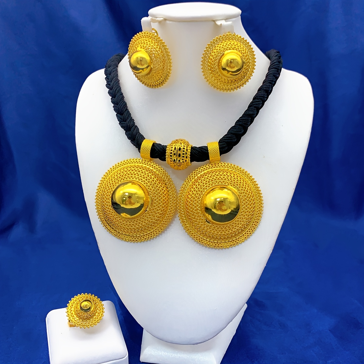 TEMU A Jewelry Set Featuring 1 Necklace, 1 Pair Of Earrings, And 1 Ring In Arabic Style, Made Of Alloy With A Minimalist Black Cord Design, Suitable