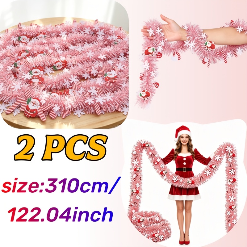 TEMU Total Length 244 Inches, 2pcs Of Glittery Santa Claus With Candy Cane Pom-poms, Metal Foil Decorations - Bent And Shaped As , Suitable For
