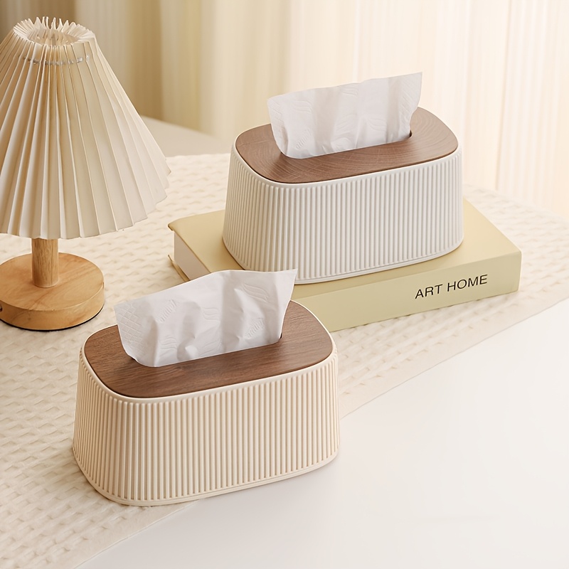 cute cream tissue box cover with auto lift   vertical stripe tissue holder with wooden lid decorative rectangular facial tissue dispenser for bathroom bedroom living room desk white