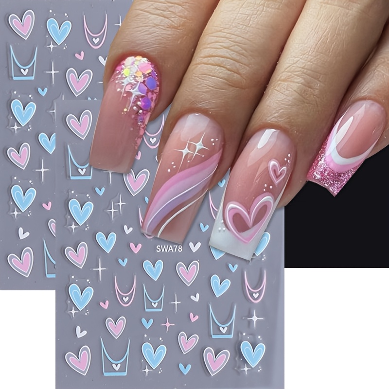 

2-pack Love Heart Nail Art Stickers, Pink & Blue French Tip Self-adhesive Nail Decals With Glitter, Shimmery , Theme, Single Use, For Women And Girls, Valentine's Day Gifts And Nail Decorations