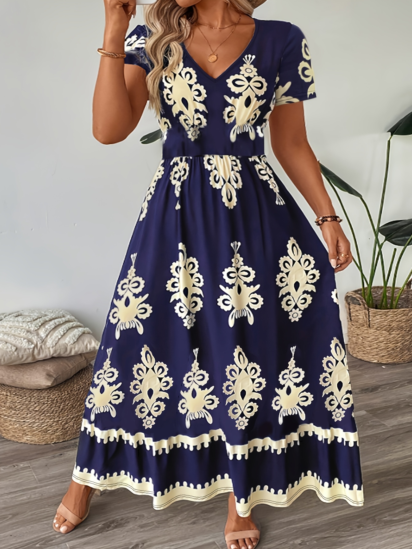 elegant plus size v neck short sleeve maxi dress women Temu