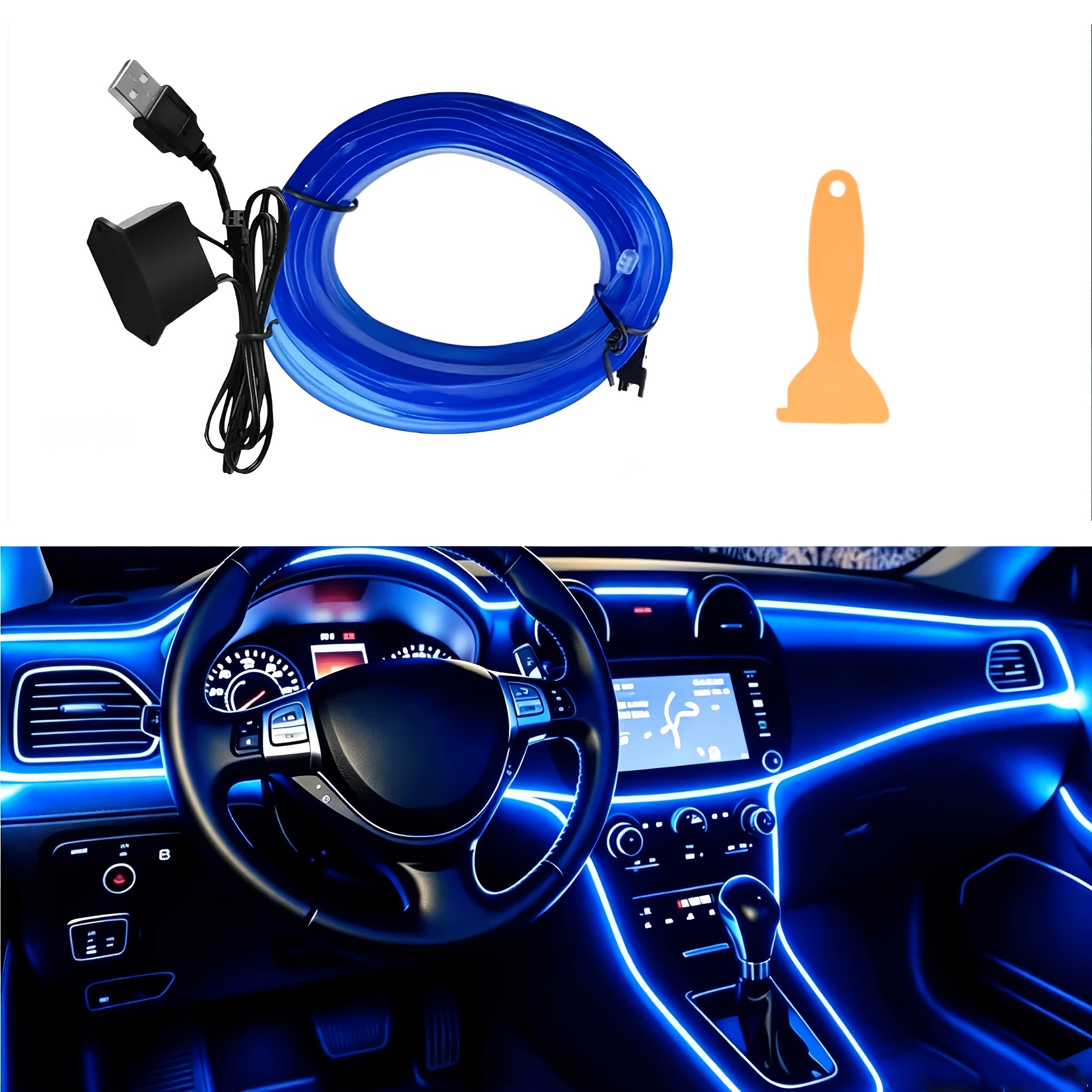 TEMU Tira de luces LED neón para interior de coche, cable EL flexible de 196 pulgadas con protección de fusible, kits de iluminación para decoración