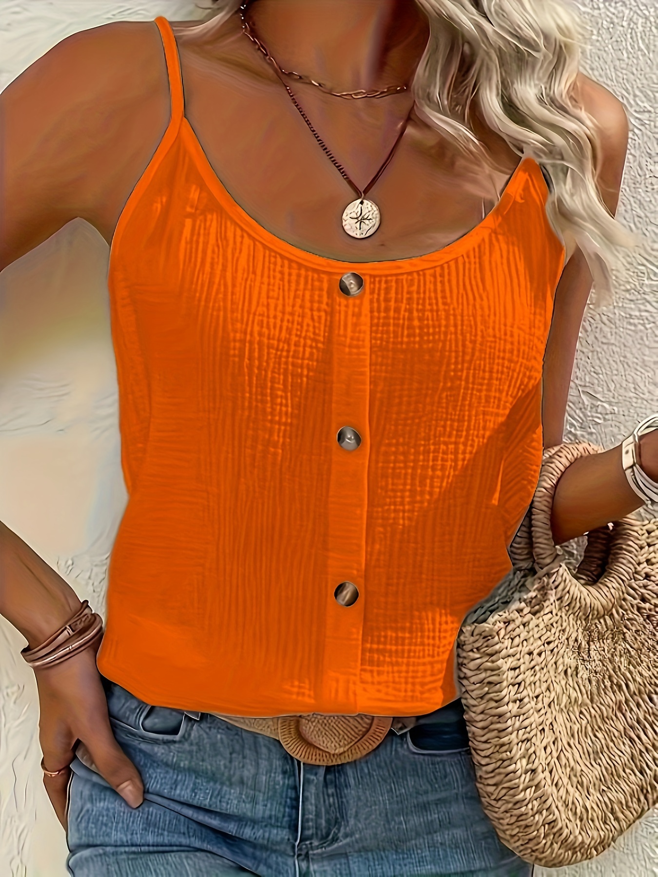 Women'S Sleeveless Button-Up Crop Top - Textured Ribbed Fabric, Beige, Spaghetti Strap Design, Perfect for Spring/Summer/Fall, Casual Wear|Sleek Crop Top|Textured Fabric