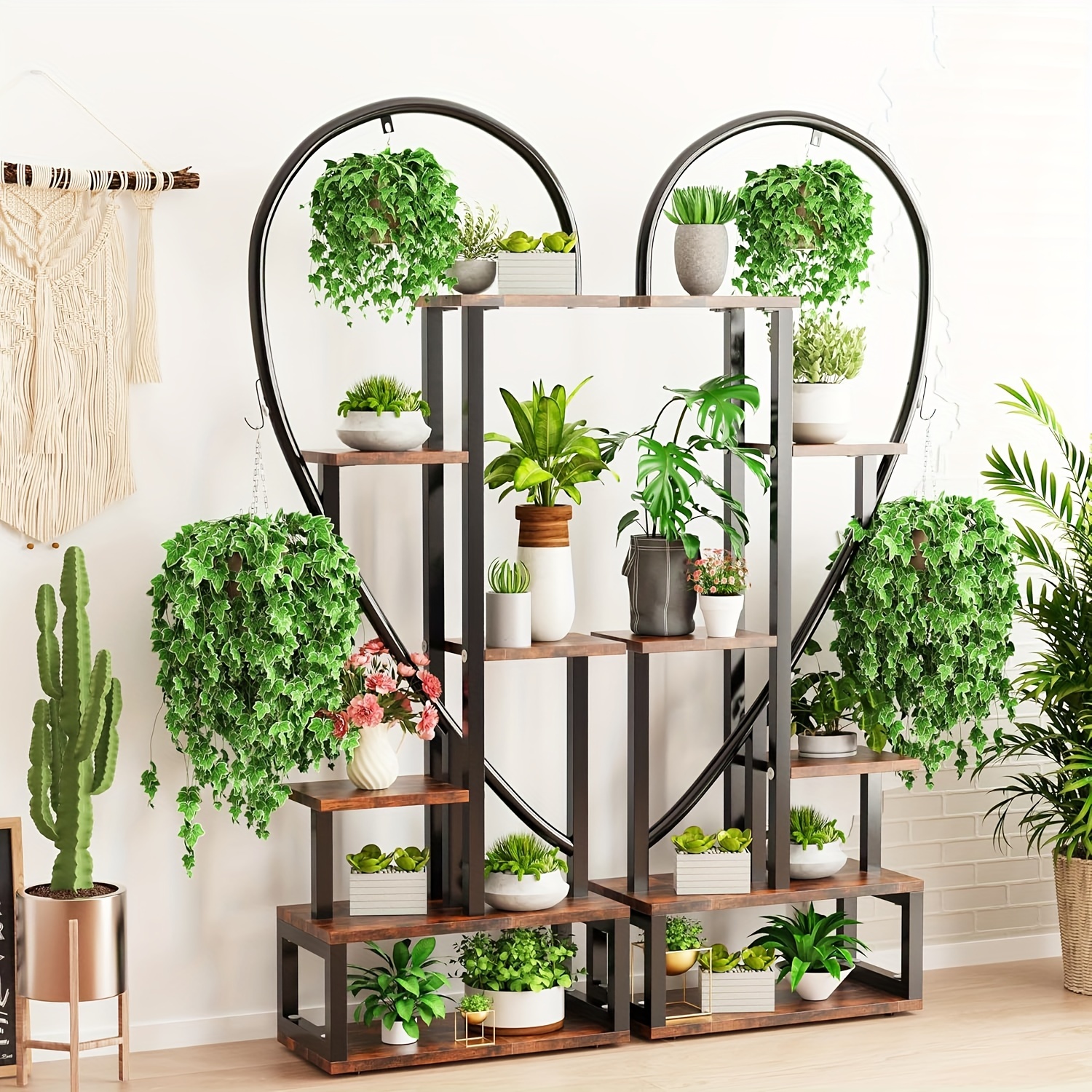 6-tier Indoor Plant Stand: Tall Wood And Metal Plant Shelf Storage Large Flower Pots Display Ladder Rack Storage Shelf For Garden Room Heart Shaped