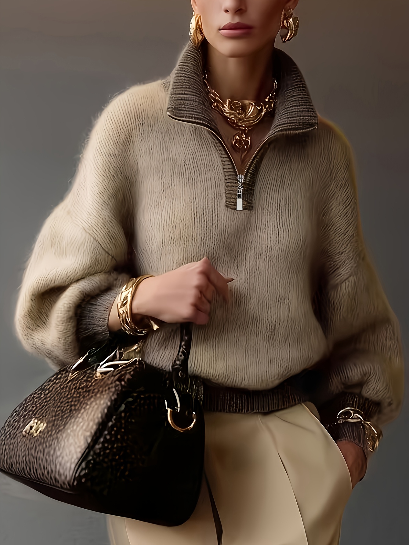 Women's Maha Cashmere Half-Zip Sweater in Khaki, Loose and Relaxed Style with Contrast Color Ribbing, Versatile for Commuting, Soft, Smooth, Skin-Friendly,, Elegant and Sophisticated Outerwear or Inner Layer Long-Sleeve Top