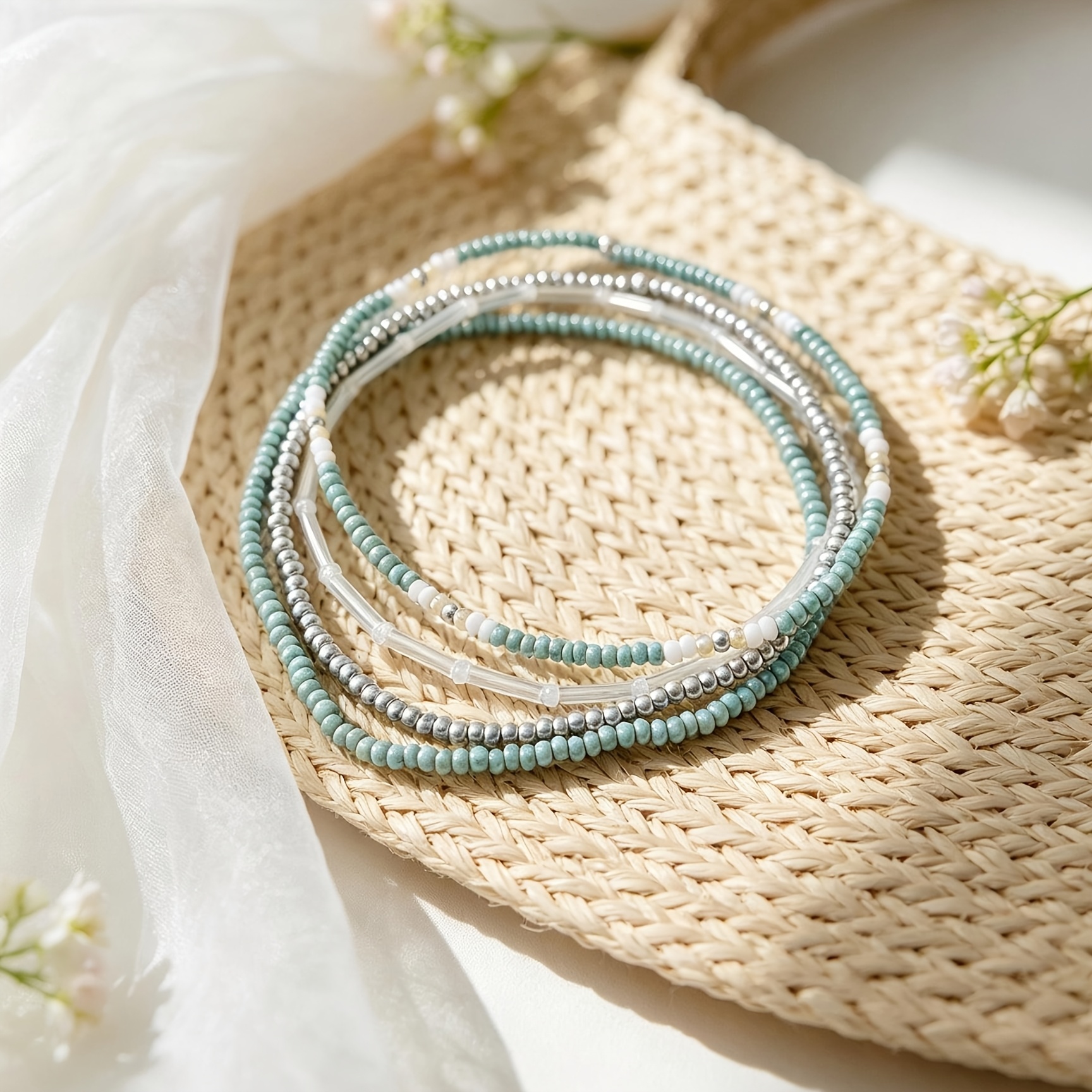 4pc Light Teal Blue Beaded Bracelet Set for Women
