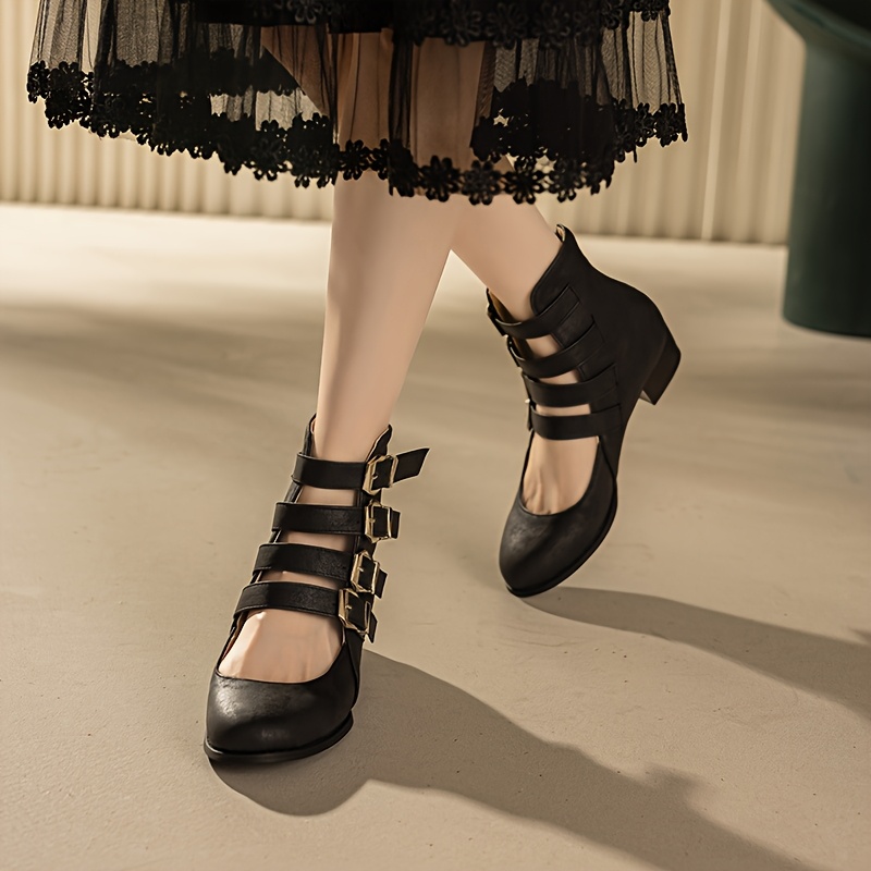 vintage inspired   heel ankle boots with   straps zipper closure round toe rubber sole synthetic cover ideal for casual wear   shoes trendy ankle boots zipper closure boot
