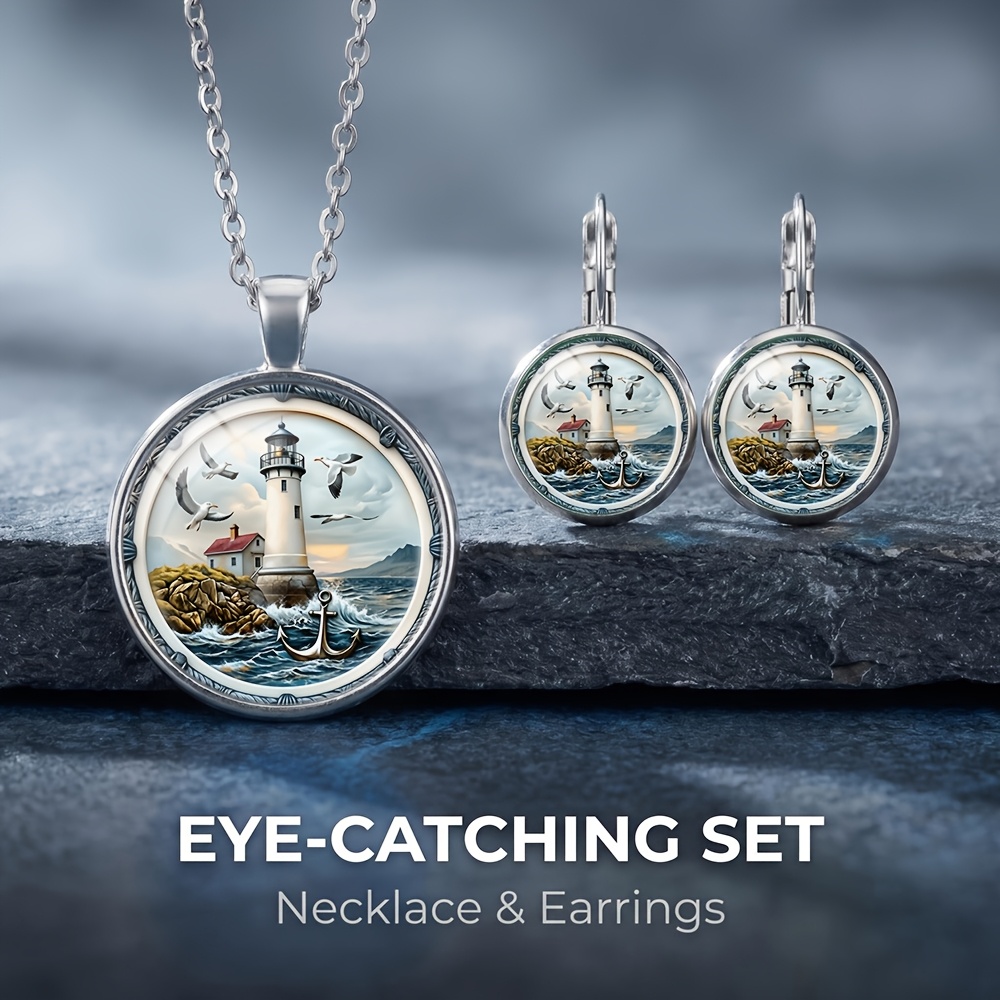 TEMU 3pcs Nautical Lighthouse Seagull Necklace Earring Set, Suitable For Daily Wear, Exquisite Small Gift