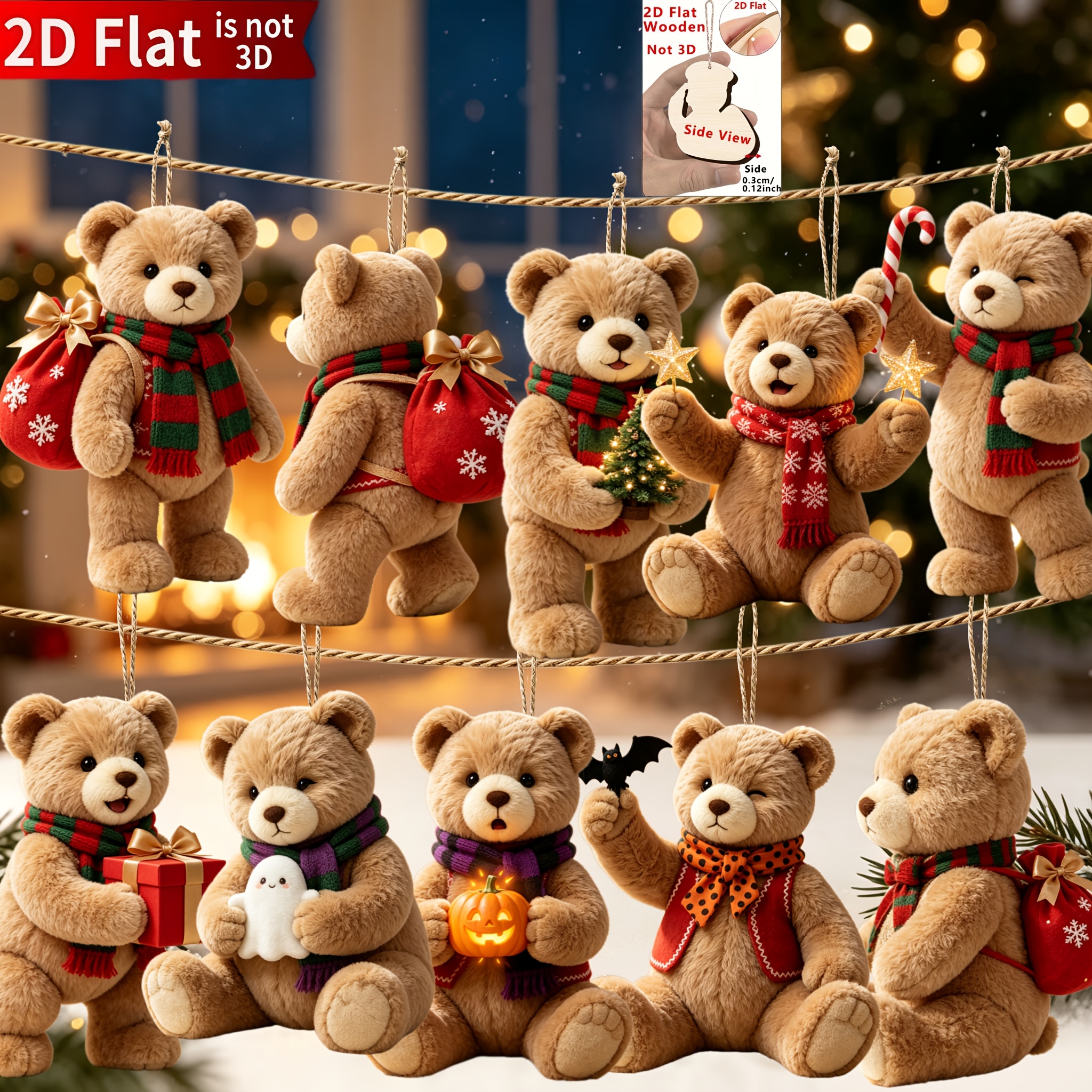 TEMU Ensemble d'ornements de Noël en bois, en peluche 2D plats, 10 pièces avec cintre, idéal pour Noël, Halloween, Thanksgiving, article , décoration