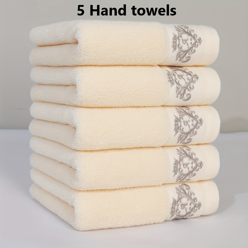 TEMU 5pcs Luxury Cotton Hand Towel Set - 450gsm, & Absorbent With Elegant Crown Embroidery - Bathroom & Vanity