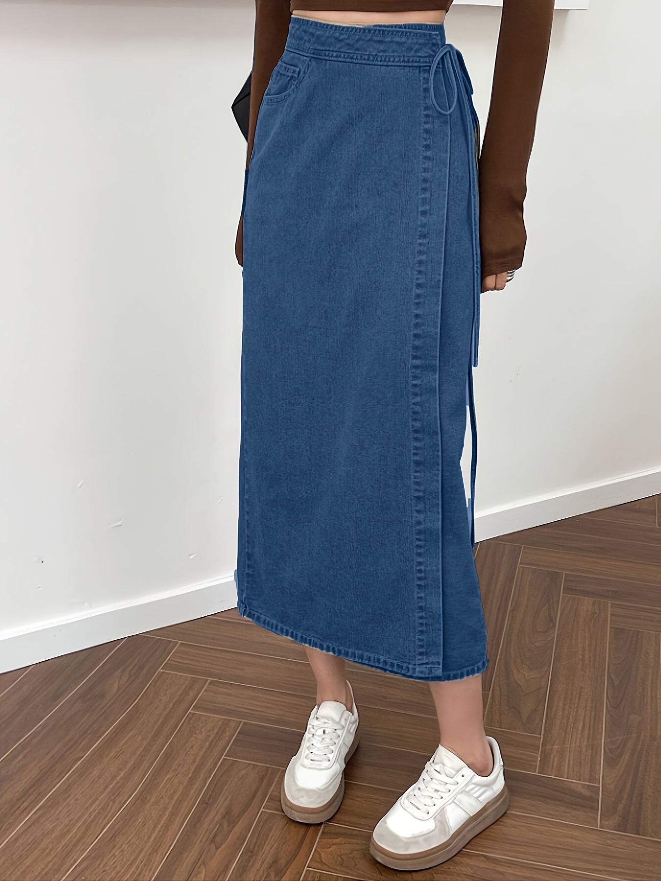 Women'S Elegant One-Piece Denim Maxi Skirt with Side Tie High  Geometric Pattern, Washed Blue, Long Length Spring/Summer/Fall, Ca