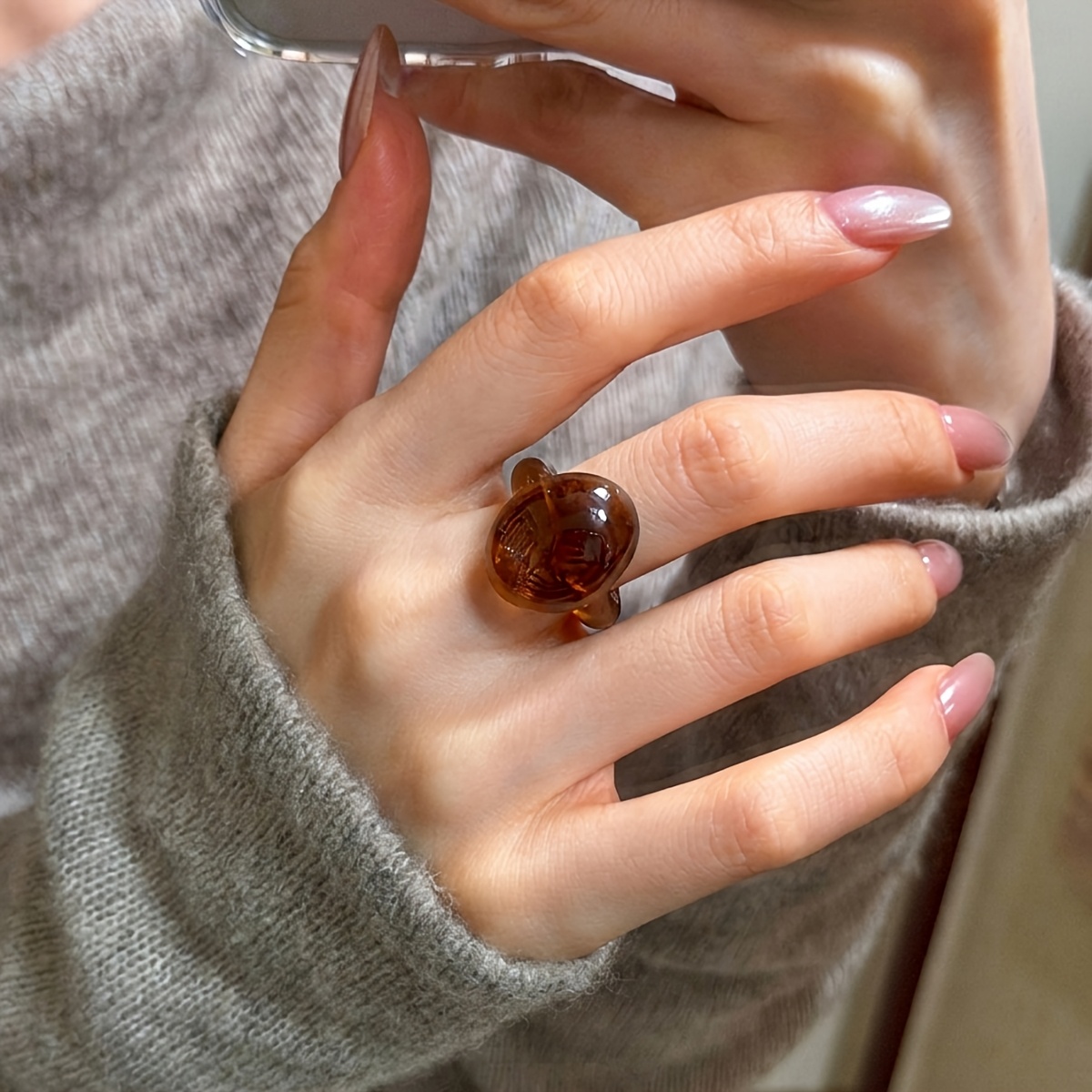 TEMU Anillo de resina veteada marrón a , 1 pieza, anillo con de gruesos, joyería de moda bohemia minimalista para mujer