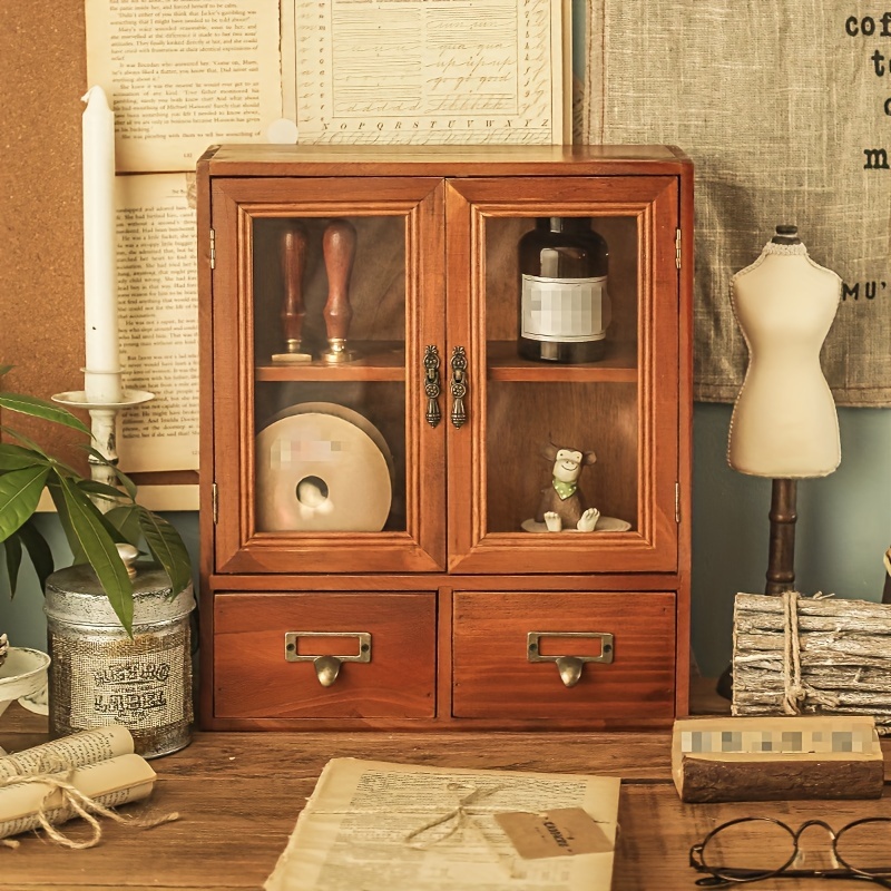 1pc vintage solid wood double layer 2 drawer storage cabinet with large capacity suitable for office desk organizer pine panel doors frame space saving retro furniture for crafts supplies organization