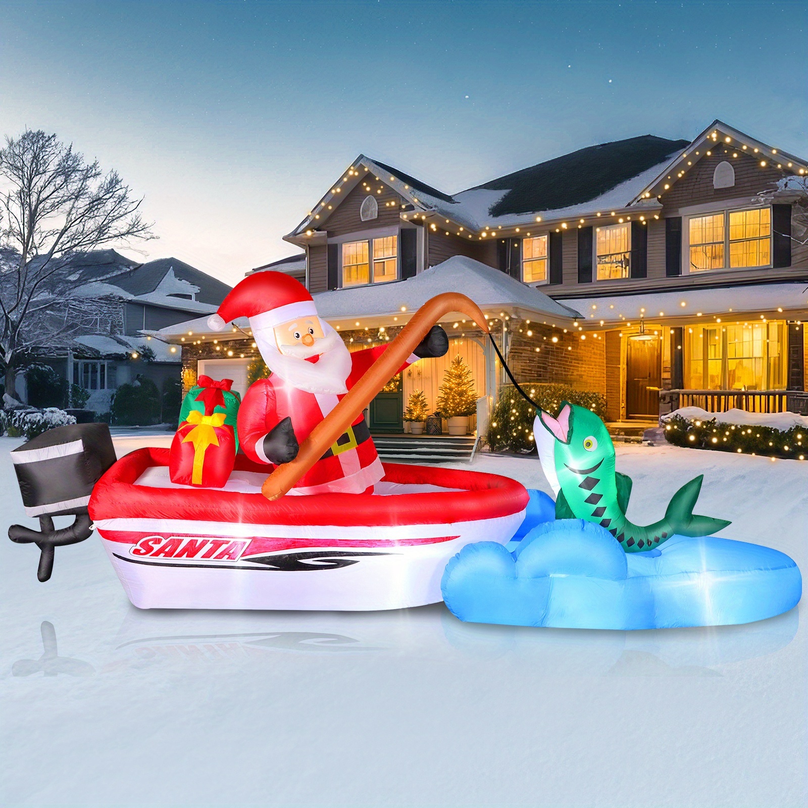 TEMU 11ft Christmas Inflatable Santa Claus Fishing On , Built-in Bright Led Lights, Blow Up Santa Outdoor Yard Decorations, Vibrant Holiday Decor For