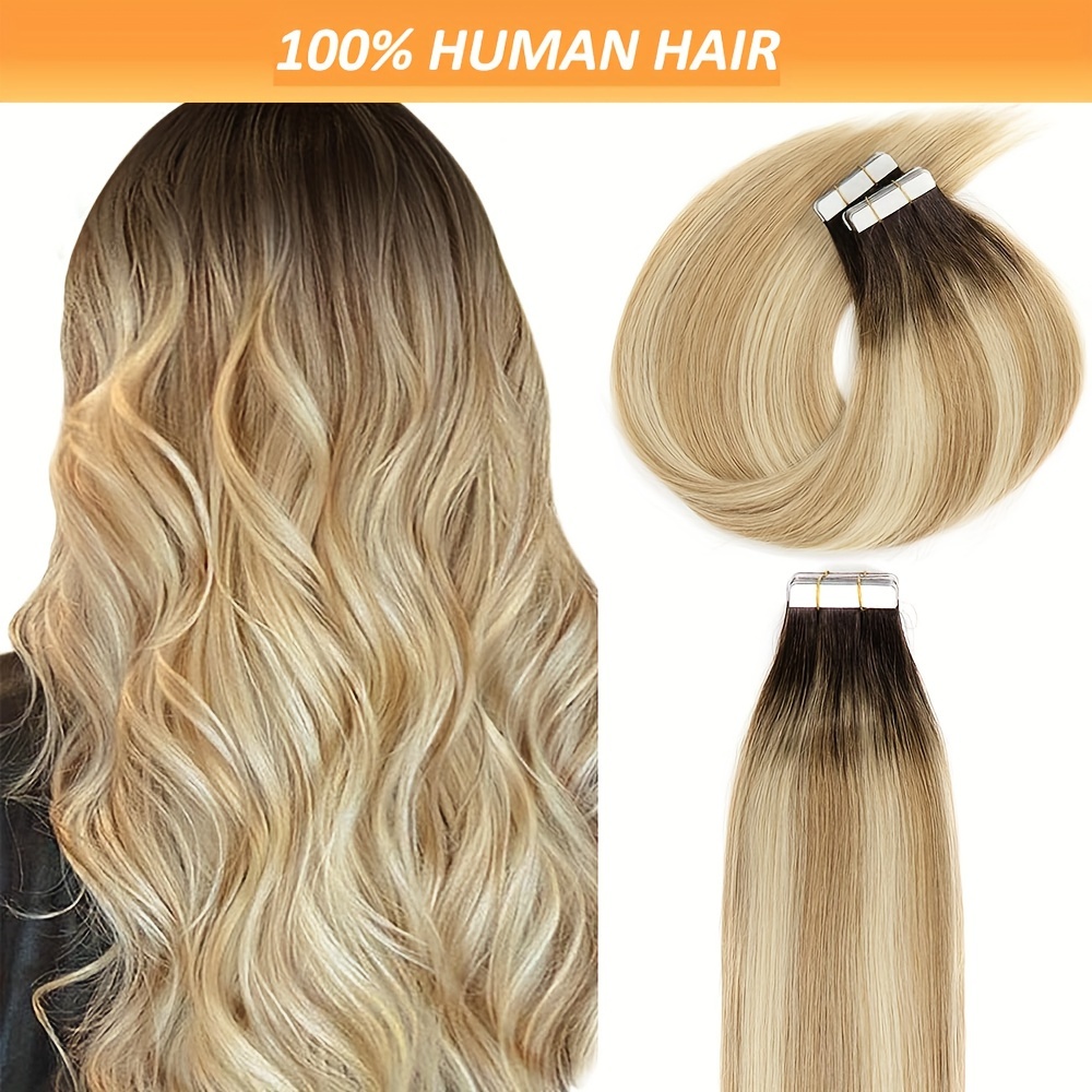 

Real Human Hair Tape Extensions: 50g, 20 Pcs - Caramel Blonde To Darkest Brown Roots - Long Lasting, Strong Tape - Suitable For All Hair Types