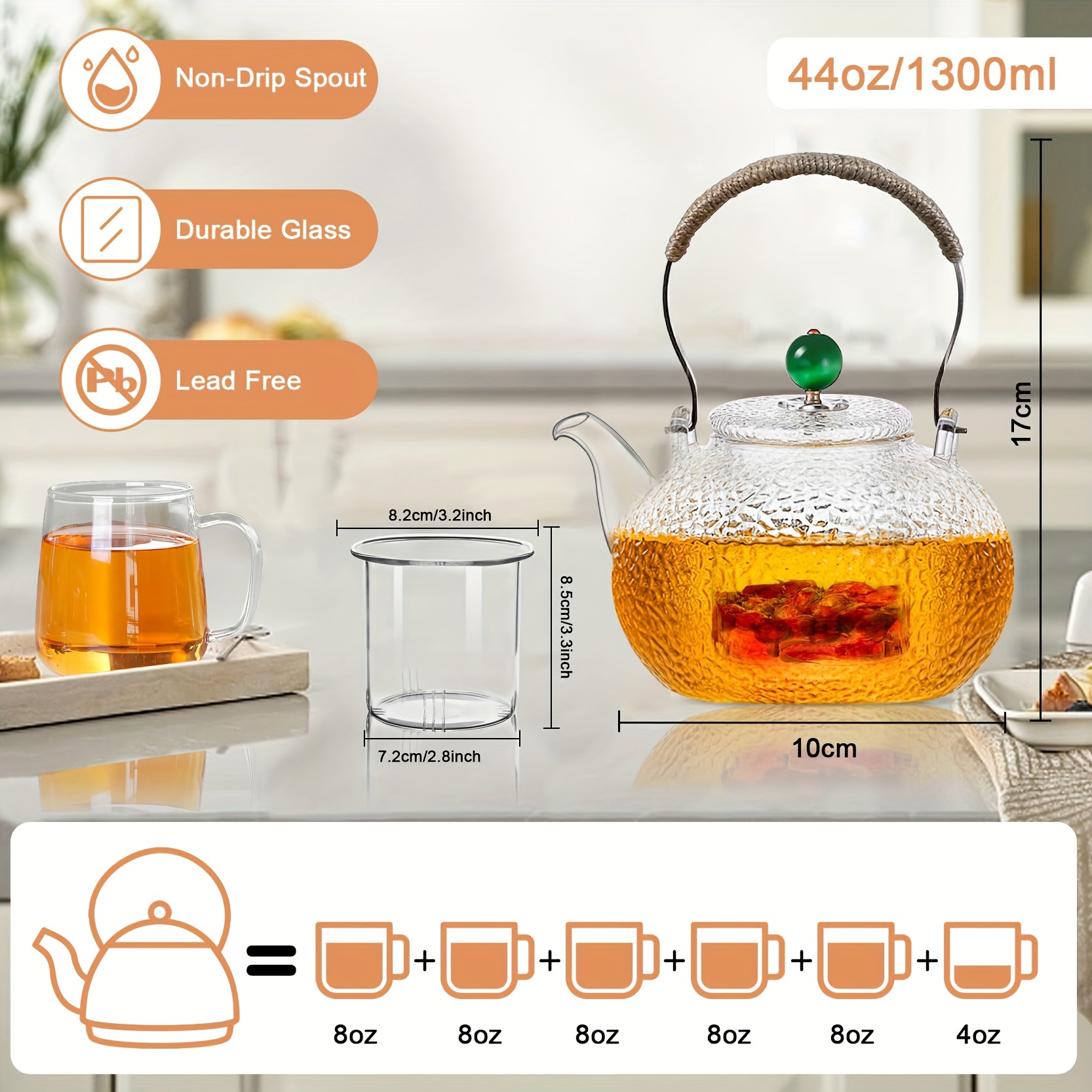 

1pc 43.96oz/1300ml Strainer Borosilicate For Tea Tea And , Stovetop , Tea