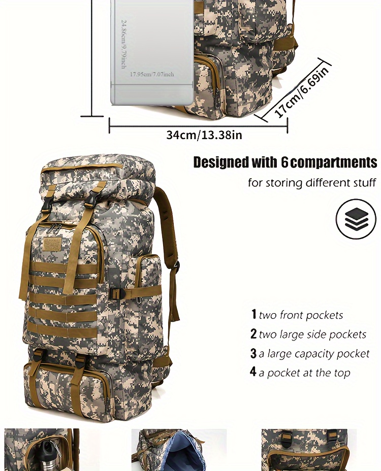 2pcs Set 21.13gal Hiking Backpack Tactical Backpack Camping Mountaineering Bag Tactical Backpack 3 Day Assault Pack Chest Pack Large Camping Unisex Camouflage Outdoor with DIY System, Camping, Hunting, Hiking, Sports, Men's Traveling Camping Hunting, JUMAHE