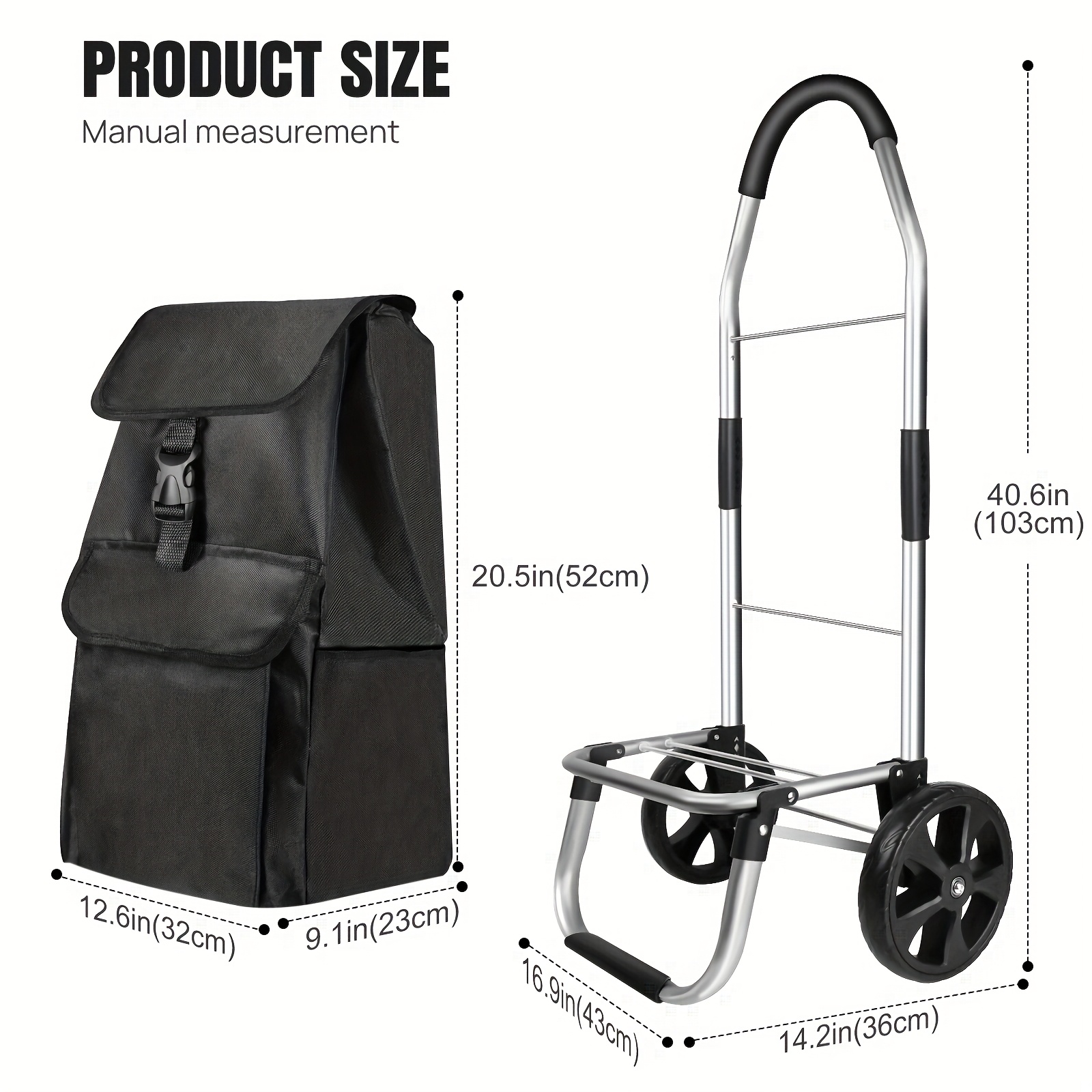 TEMU Folding Shopping Trolley, Aluminium Lightweight Shopping Cart With Detachable Shopping Bag, Mudguard Stair Climbing Wheels Grocery Trolley