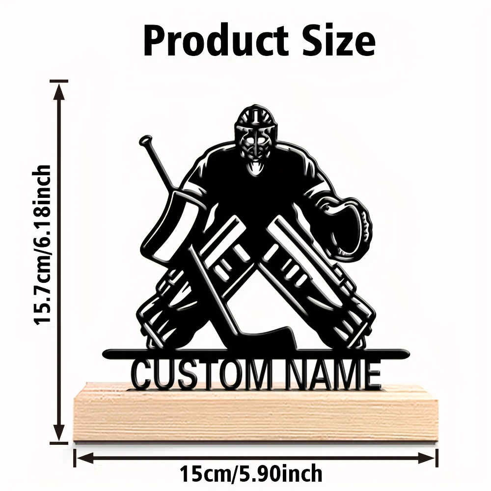 TEMU Figurines : 1 pièce d'ornement de bureau personnalisable - Statue en métal de de but de hockey sur glace en bois avec socle en bois - Décoration