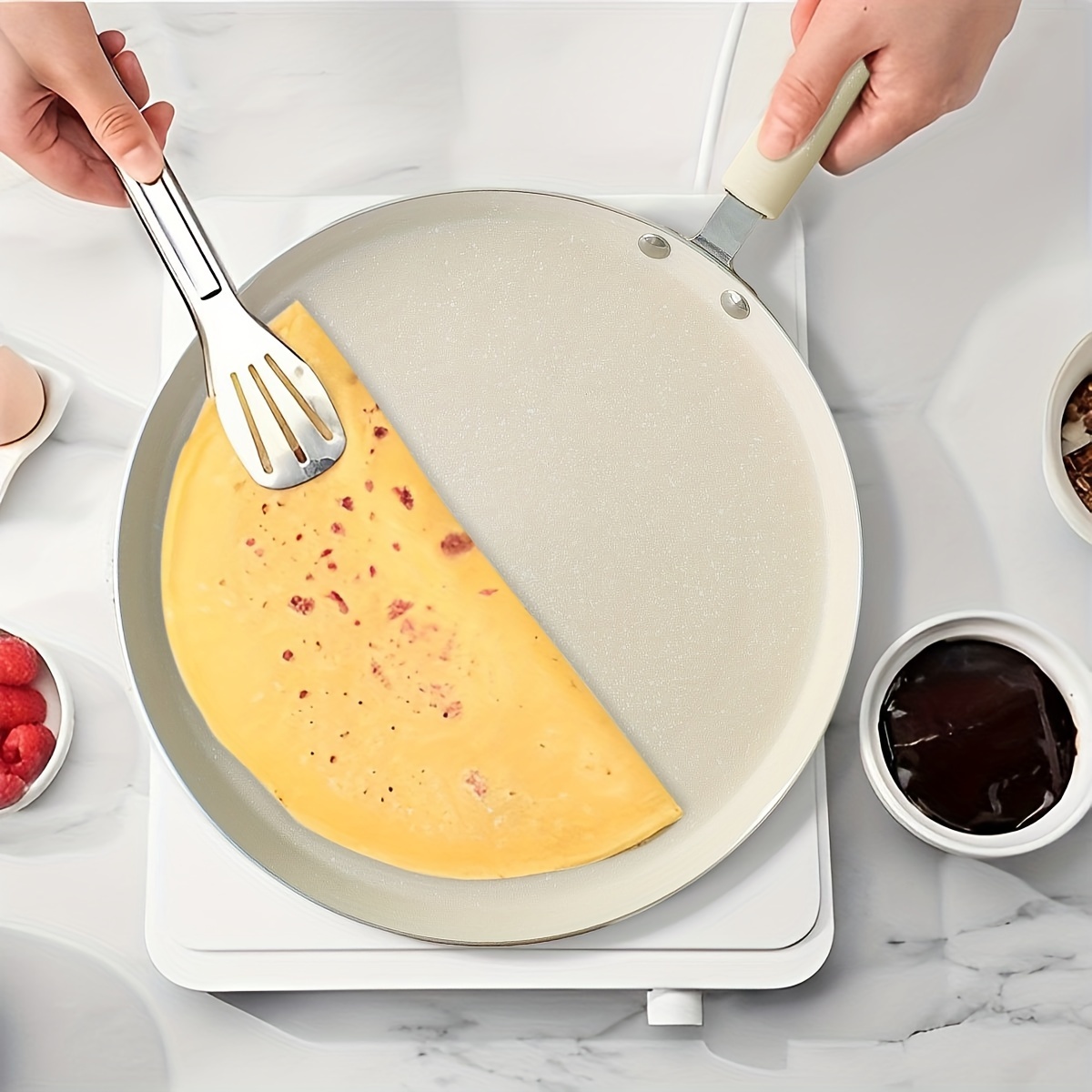 beige maifan stone nonstick crepe pan set with wooden handle dishwasher safe aluminum pancake   for electric coil gas stove and induction cooktop use no electricity required details 4