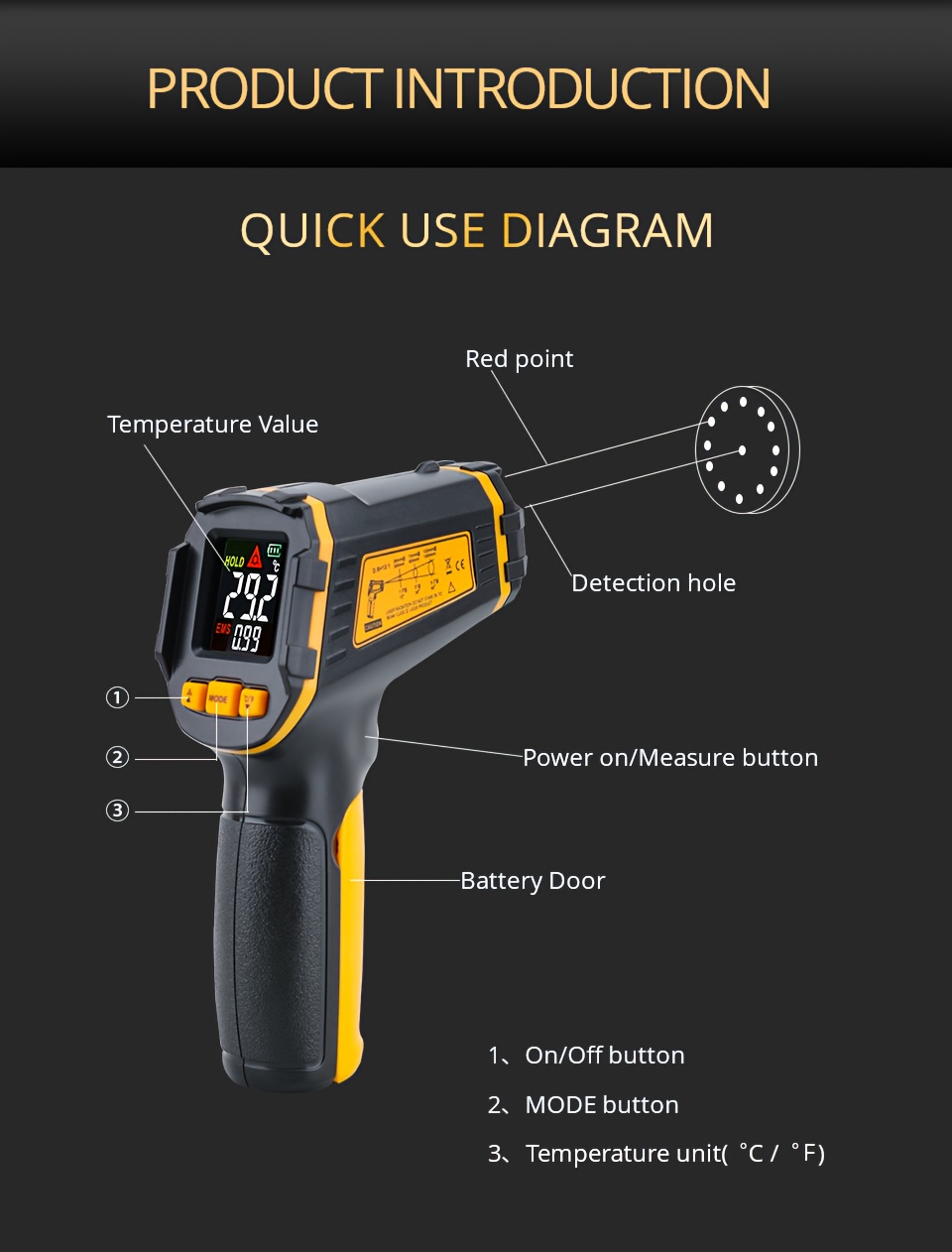 Non-Contact Infrared Thermometer with Humidity Monitor, 50°-490° Measurement Range, Color Screen Alert Function, ABS Plastic, Battery Operated - Ideal for Lab & Field Us