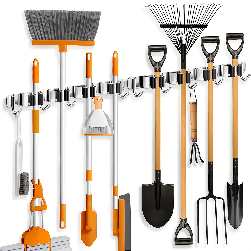 home decoration multi purpose stainless steel wall mounted mop rack with 5 storage slots and 4 stainless steel hooks   bathrooms garages etc holds mops tableware and towels anti slip durable space saving and   spaces tidy  