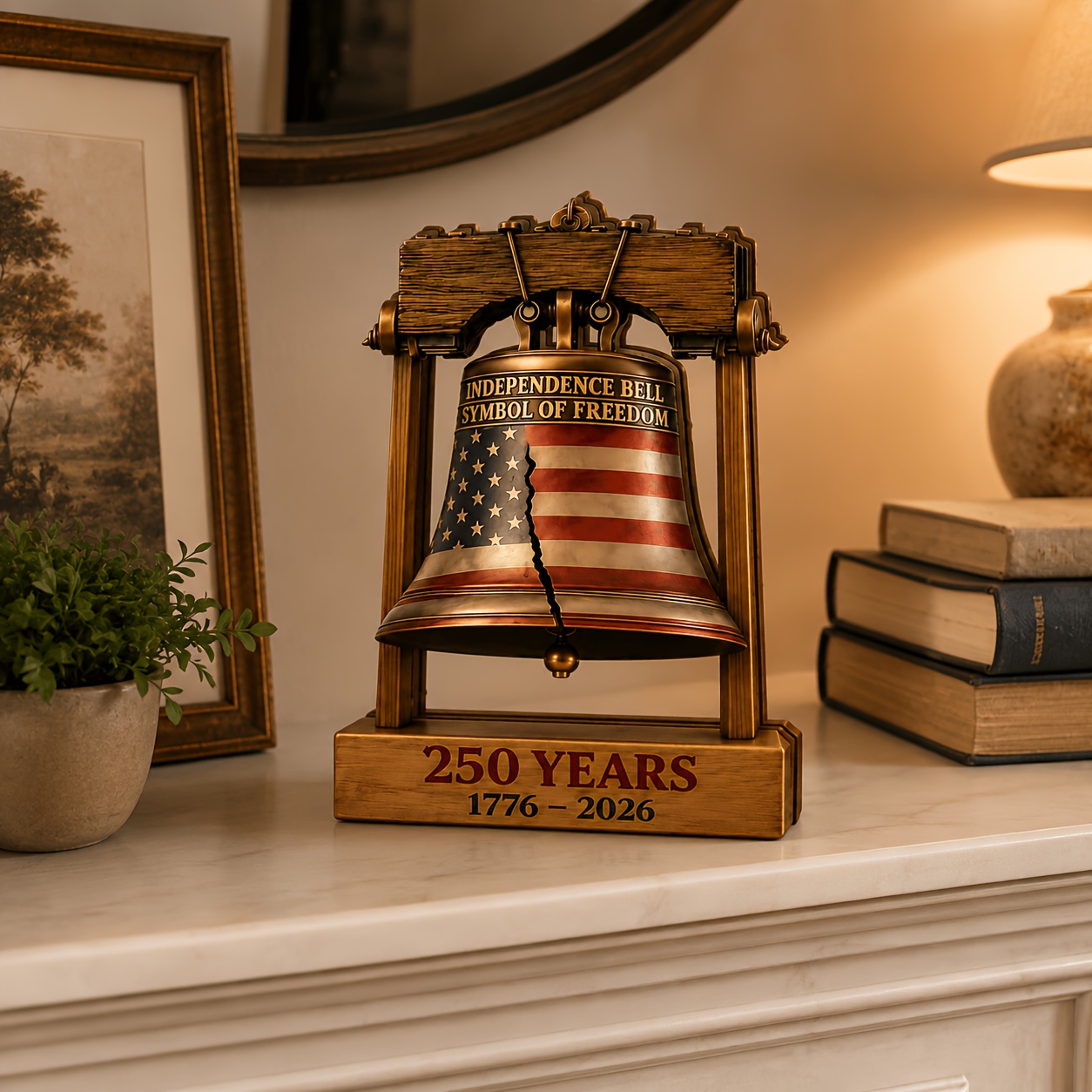 TEMU 1pc Wooden Bell Tabletop Decor, Vintage Bell Ornament, Commemorative Bell Display, Patriotic Desktop Decor, Desk Shelf Home Office Decoration